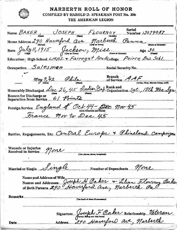 Roll of honor form for Joseph Baker