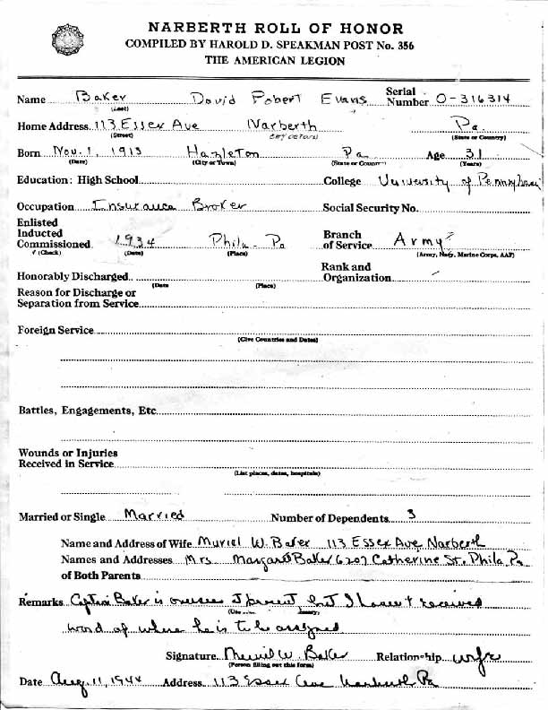 Roll of honor form for David Baker, front