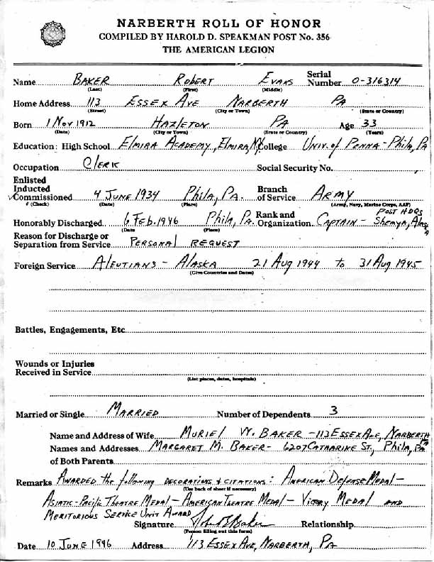 Roll of honor form for David Baker, back of sheet