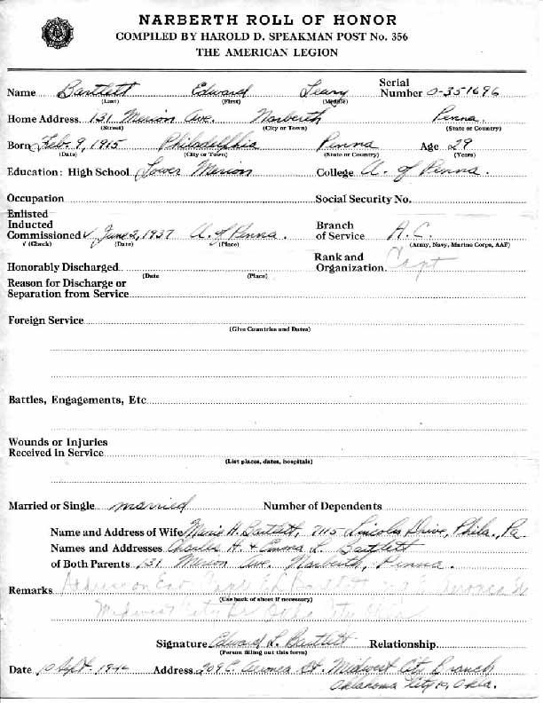 Roll of honor form for Edward Bartlett