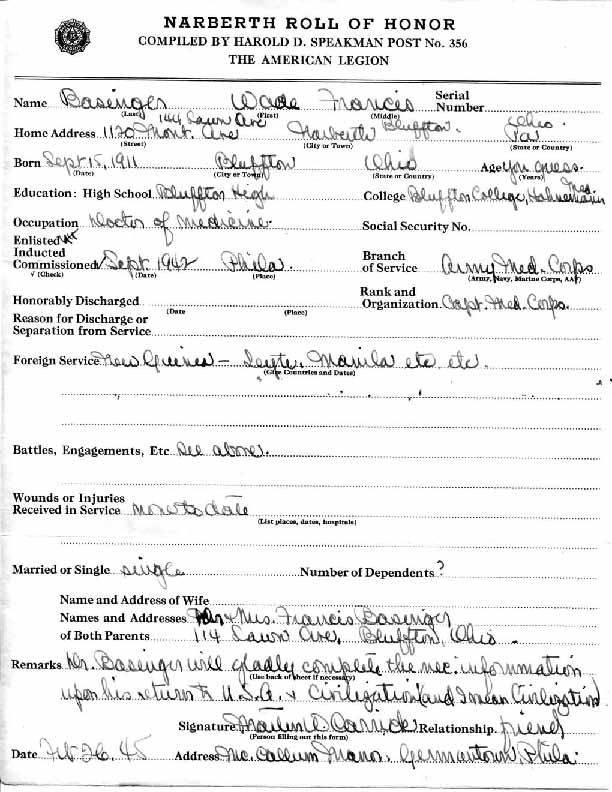 Roll of honor form for Wade Basinger