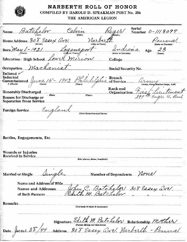 Roll of honor form for Calvin Batchelor