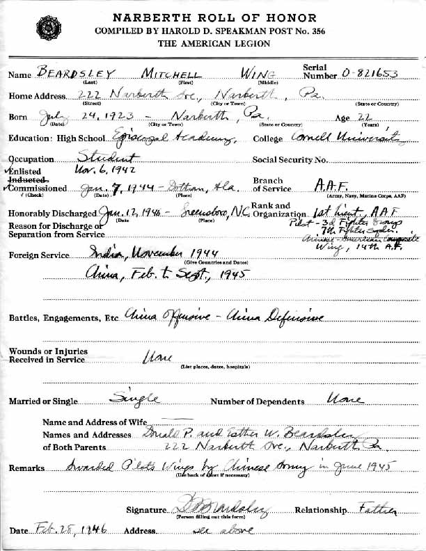Roll of honor form for Mitchell Beardsley