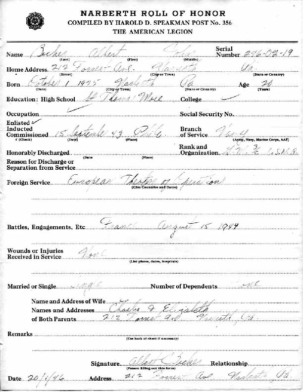 Roll of honor form for Albert Becker