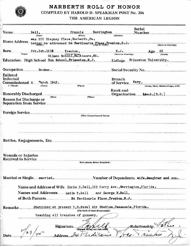 Roll of honor form for Francis Bell
