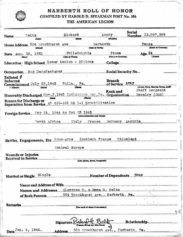 Roll of honor form for Richard Beltz