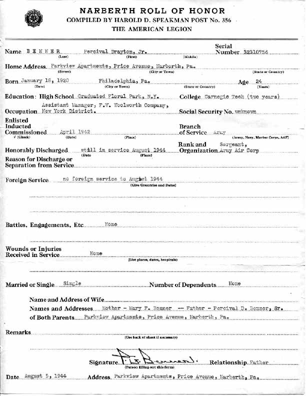 Roll of honor form for Percival Benner