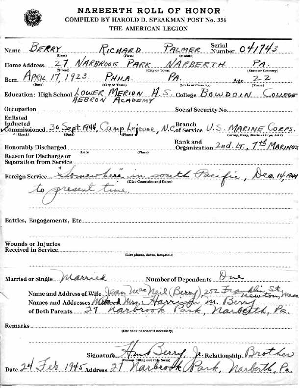 Roll of honor form for Richard Berry