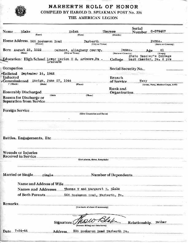 Roll of honor form for Helen Blake