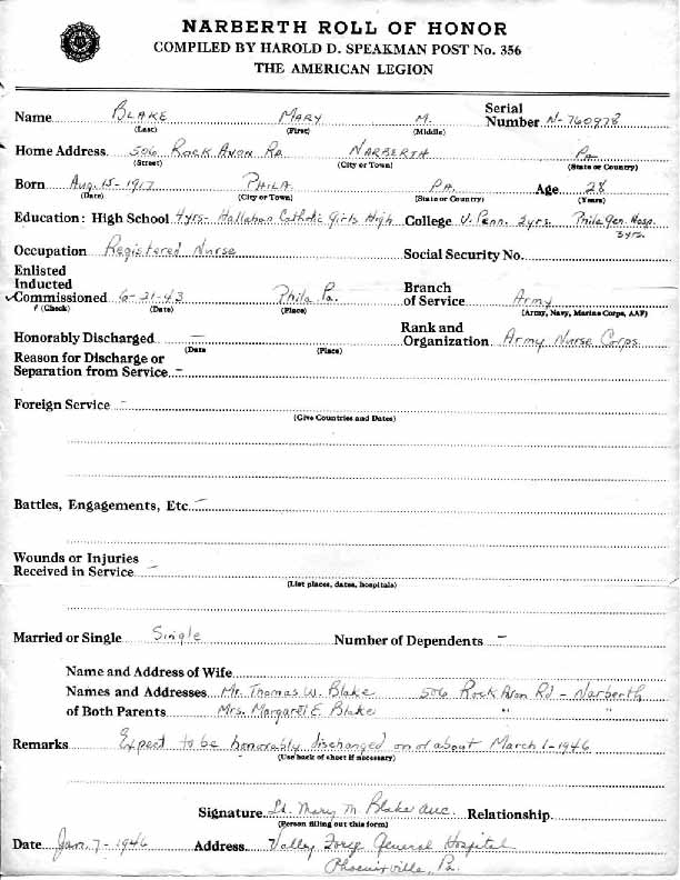 Roll of honor form for Mary Blake