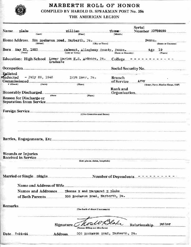 Roll of honor form for William Blake