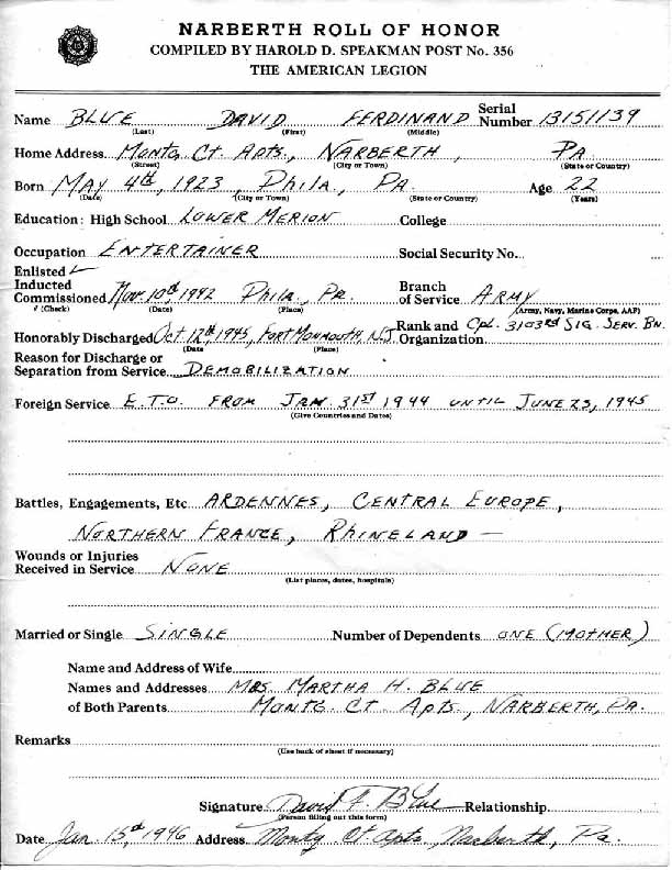 Roll of honor form for David Blue