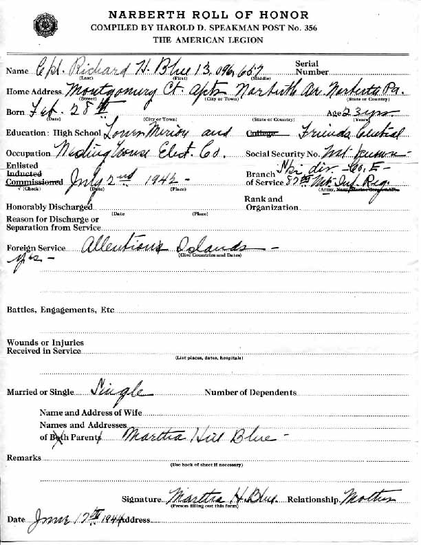Roll of honor form for Richard Blue