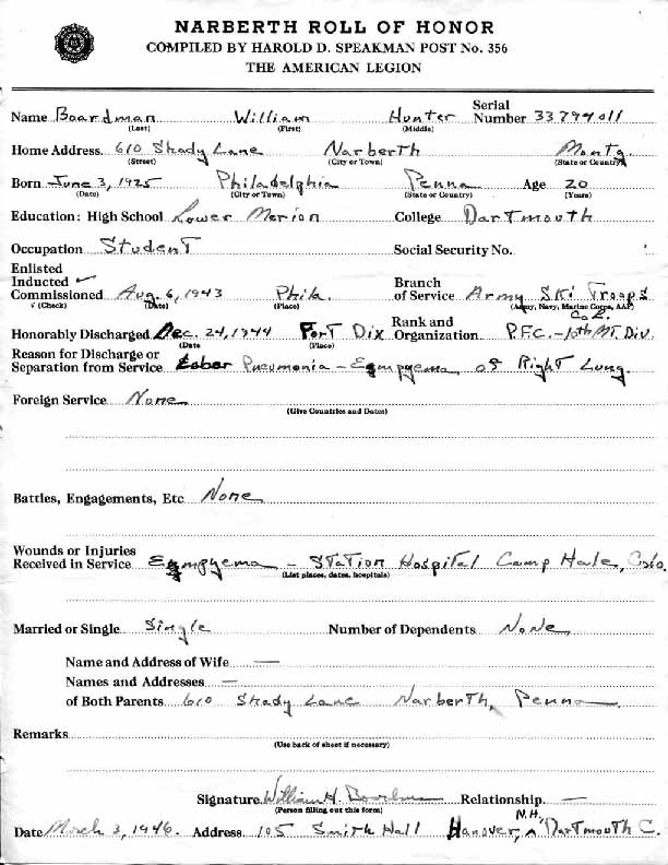 Roll of honor form for William Boardman