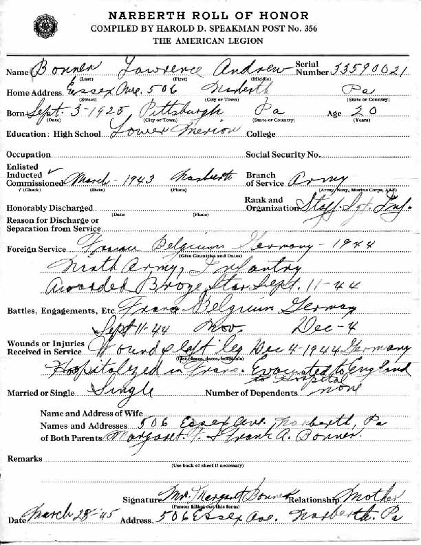 Roll of honor form for Lawrence Bonner