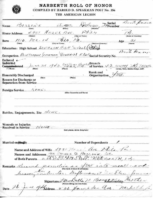 Roll of honor form for James Bossone