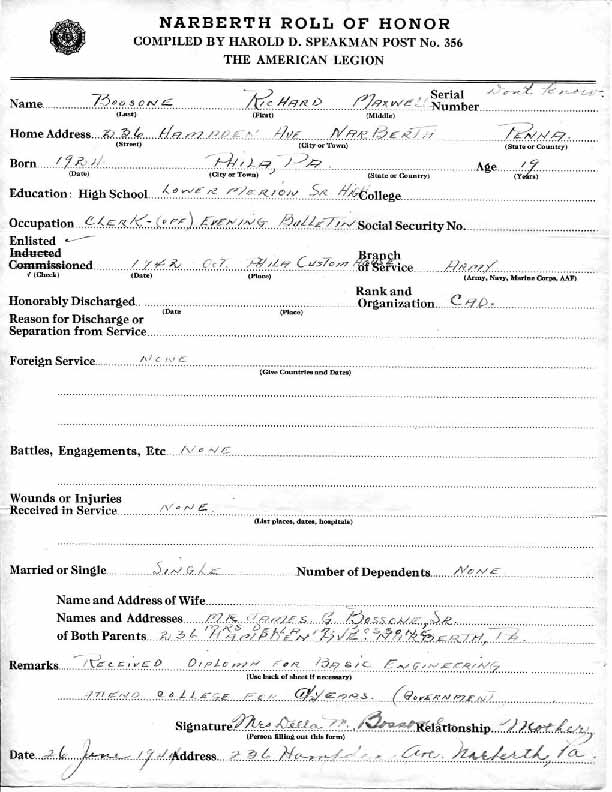 Roll of honor form for Richard Bossone