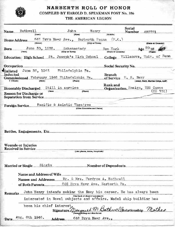 Roll of honor form for John Bothwell