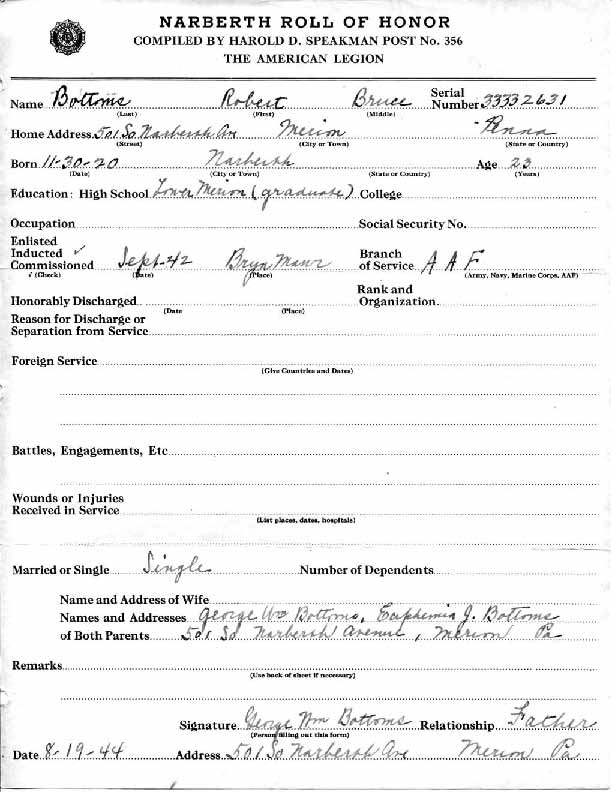 Roll of honor form for Robert Bottoms