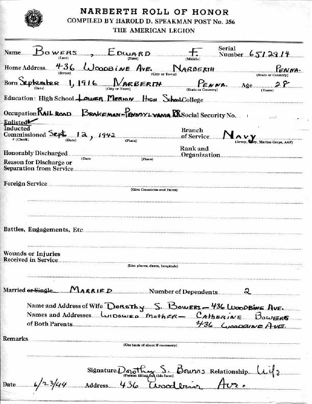 Roll of honor form for Edward Bowers
