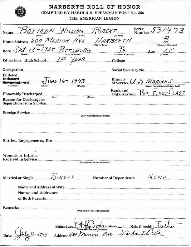 Roll of honor form for William Boxman
