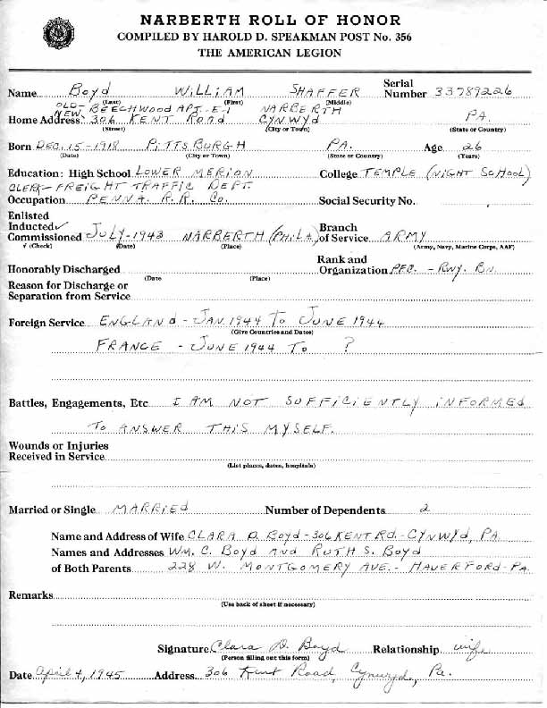 Roll of honor form for William Boyd