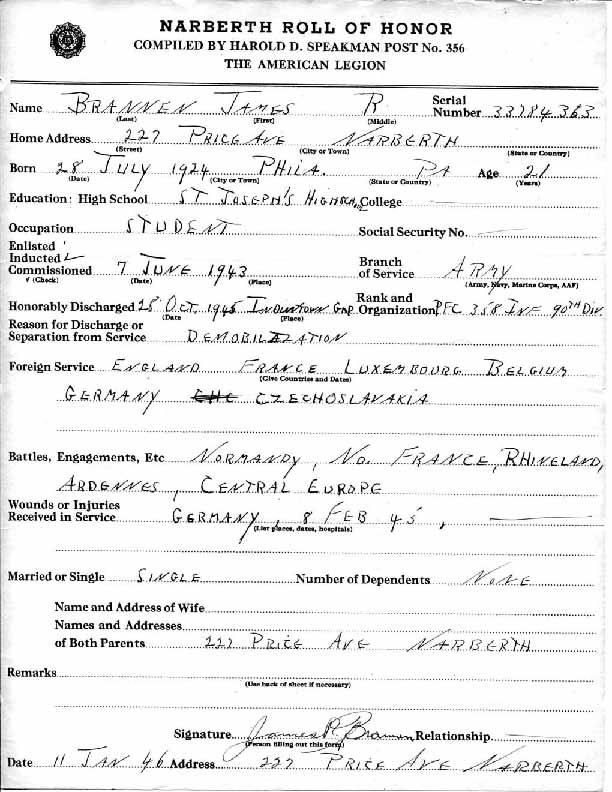 Roll of honor form for James Brannen