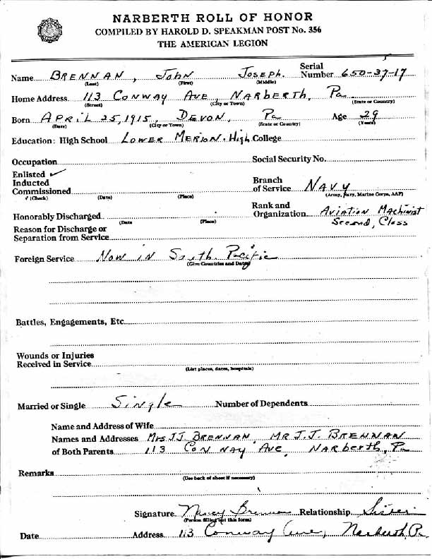 Roll of honor form for John Brennan