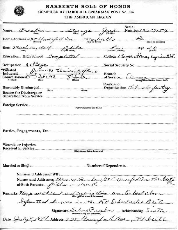 Roll of honor form for George Breslow