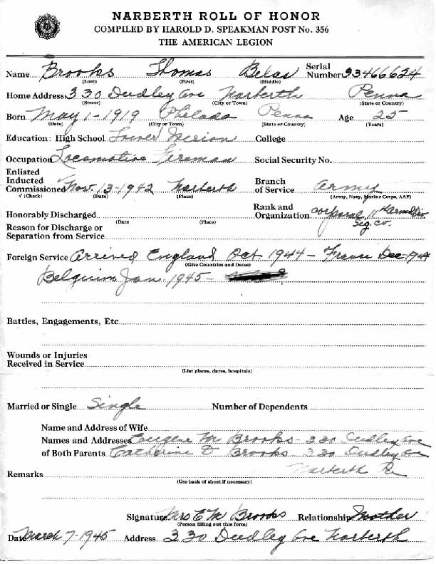 Roll of honor form for Thomas Brooks