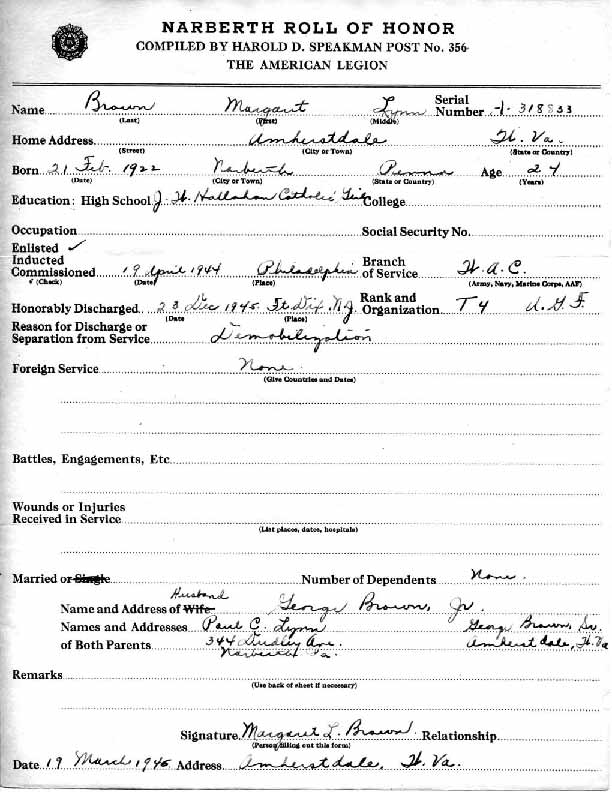 Roll of honor form for Margaret Brown