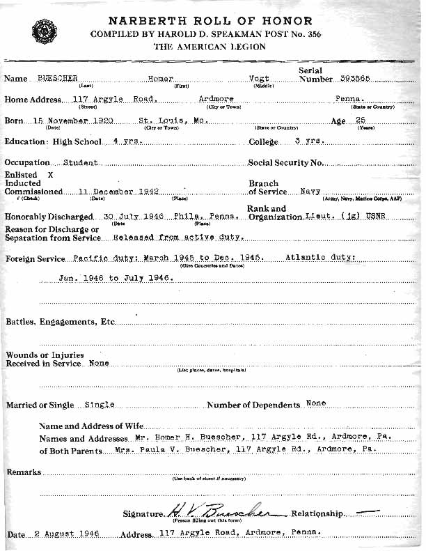 Roll of honor form for Homer Buescher