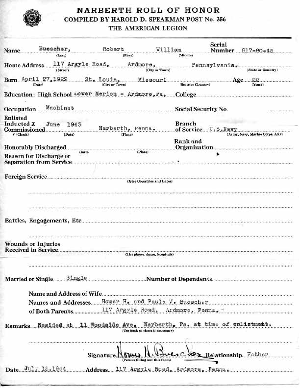 Roll of honor form for Robert Buescher