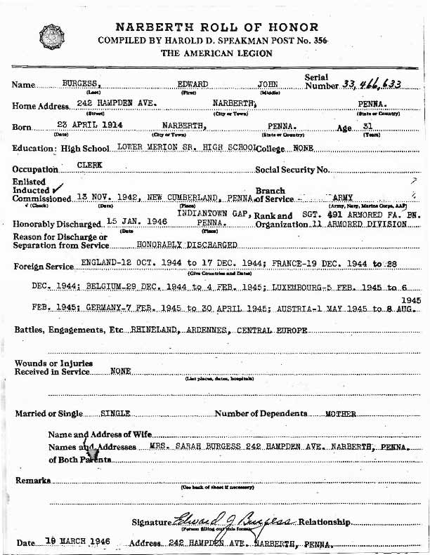 Roll of honor form for Edward Burgess