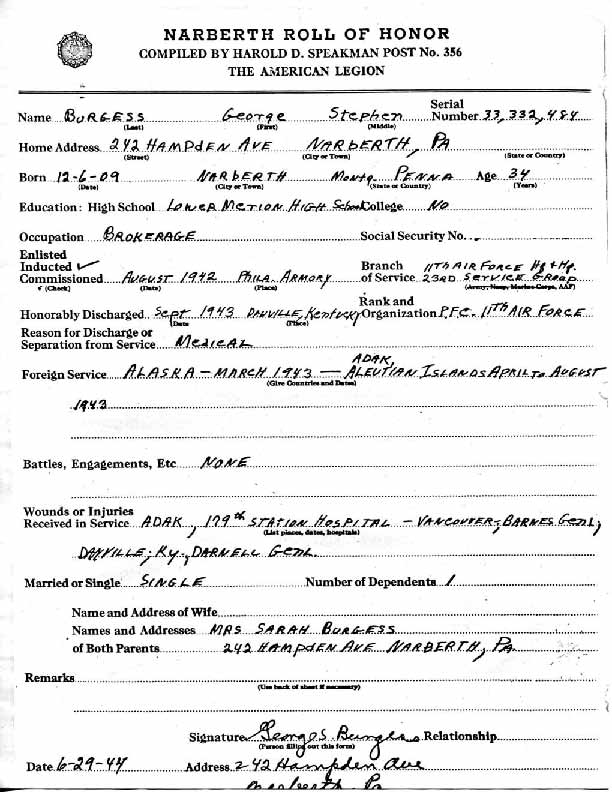 Roll of honor form for George Burgess