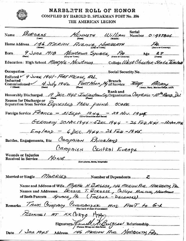 Roll of honor form for Kenneth Burgess