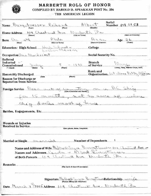 Roll of honor form for Richard Burgstresser