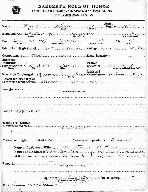 Roll of honor form for Richard Butler