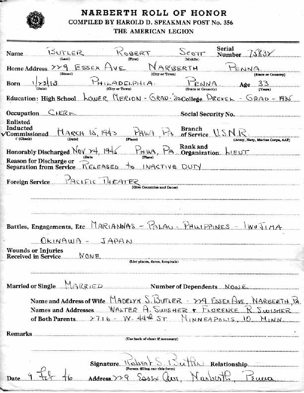 Roll of honor form for Robert Butler