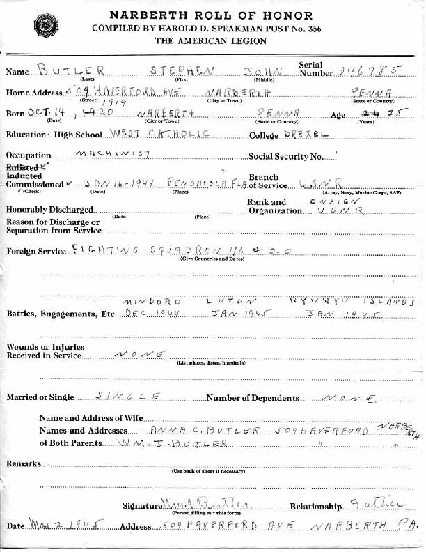 Roll of honor form for Stephen Butler