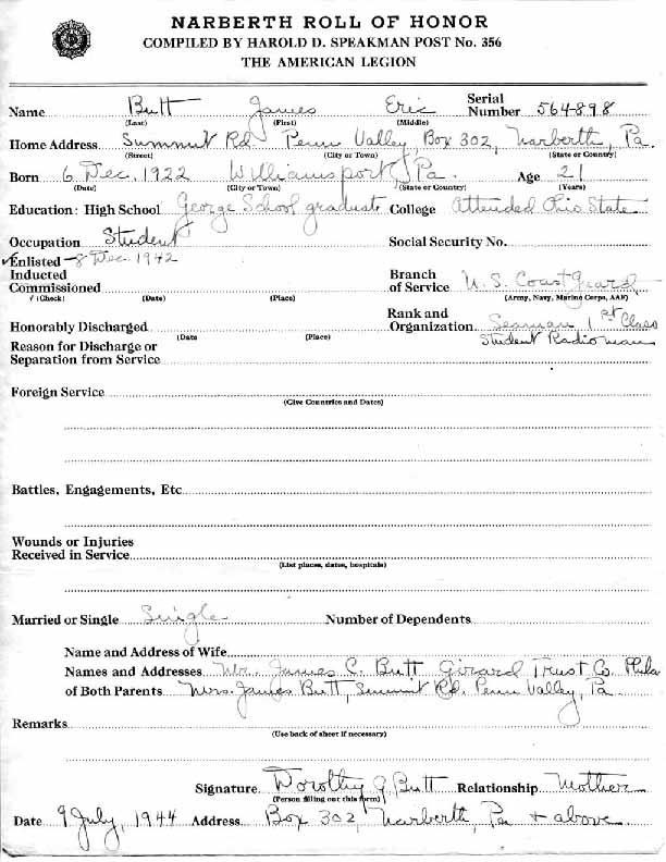 Roll of honor form for James Butt