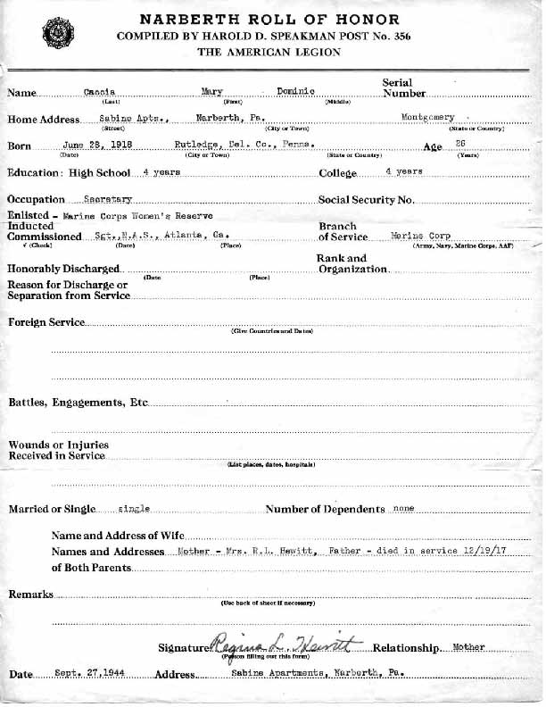 Roll of honor form for Mary Caccia