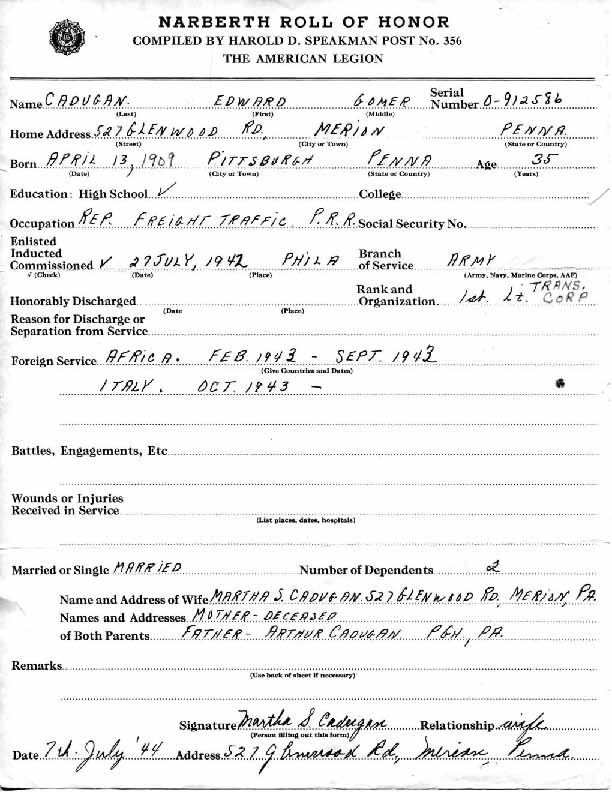 Roll of honor form for Edward Cadugan