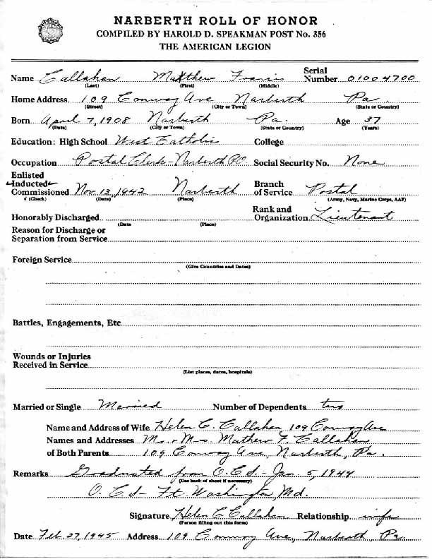 Roll of honor form for Matthew Callahan