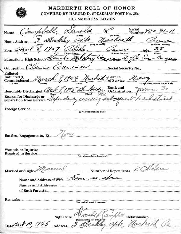 Roll of honor form for Donald Campbell