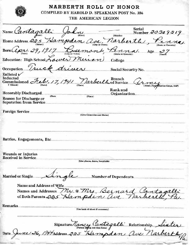 Roll of honor form for John Cantagalli