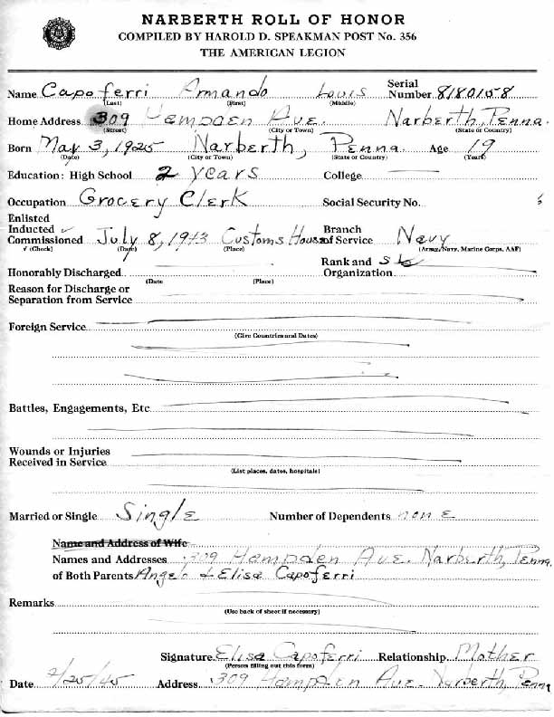 Roll of honor form for Armando Capoferri