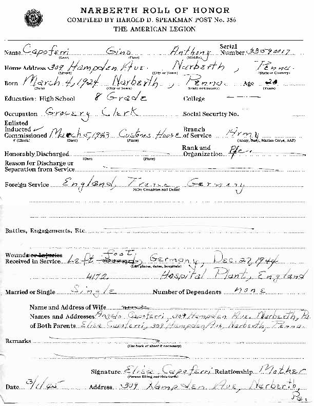 Roll of honor form for Gino Capoferri