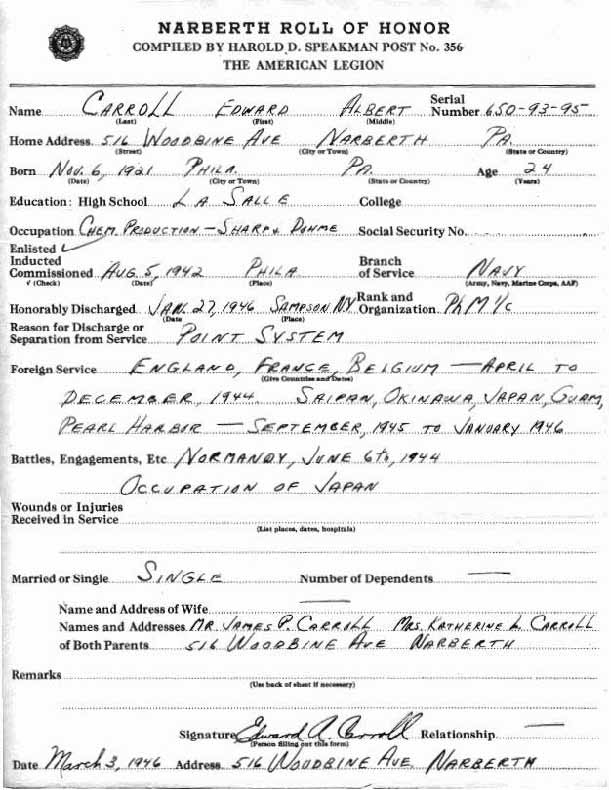 Roll of honor form for Edward Carroll
