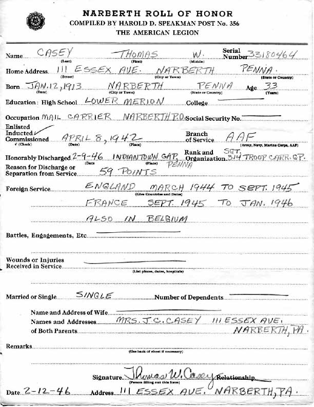 Roll of honor form for Thomas Casey
